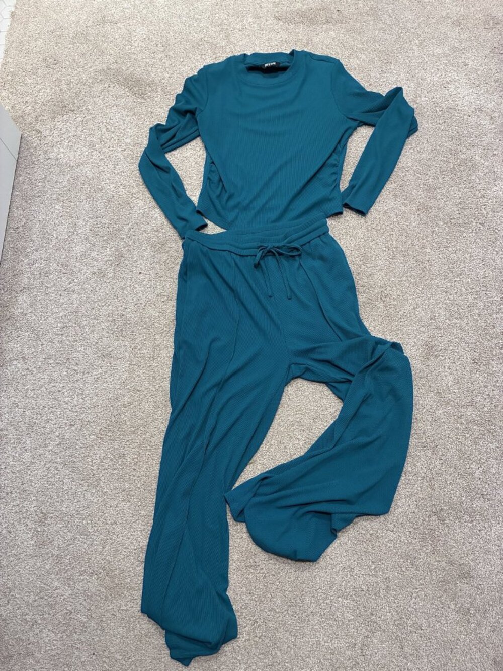 BTFBM Teal Ribbed 2-Piece Lounge Set Crop Top Wide Leg Pants L